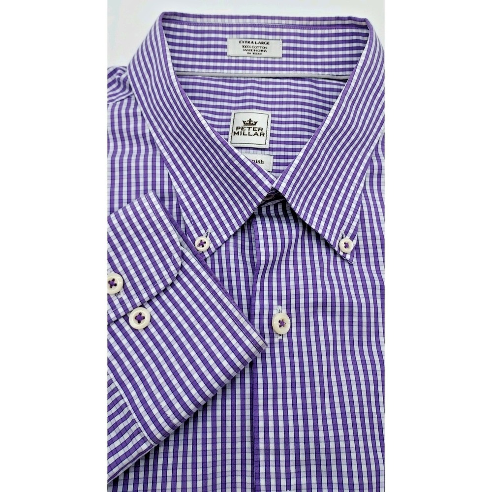 Peter Millar Seaside Finish Gingham Shirt XL Purple White MS15W10WBL Mens Cotton